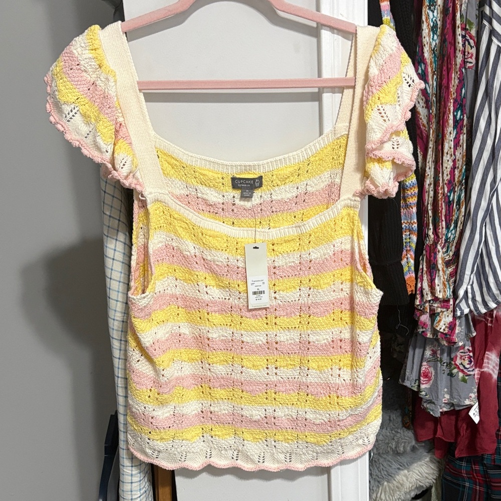 Francesca's Collections Striped Knit Blouse in Yellow, Pink, and Cream